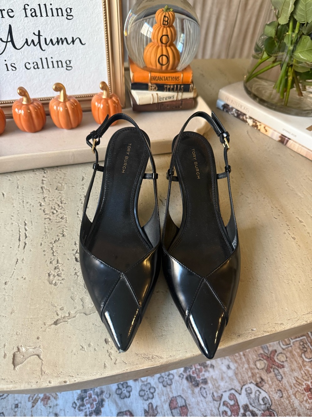 Tory Burch Black Patent Leather Pointed Slingback Heels